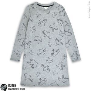 BODEN SWEATSHIRT DRESS IN GREY MARL WITH FLYING DOVES PRINT COTTON LONG SLEEVE